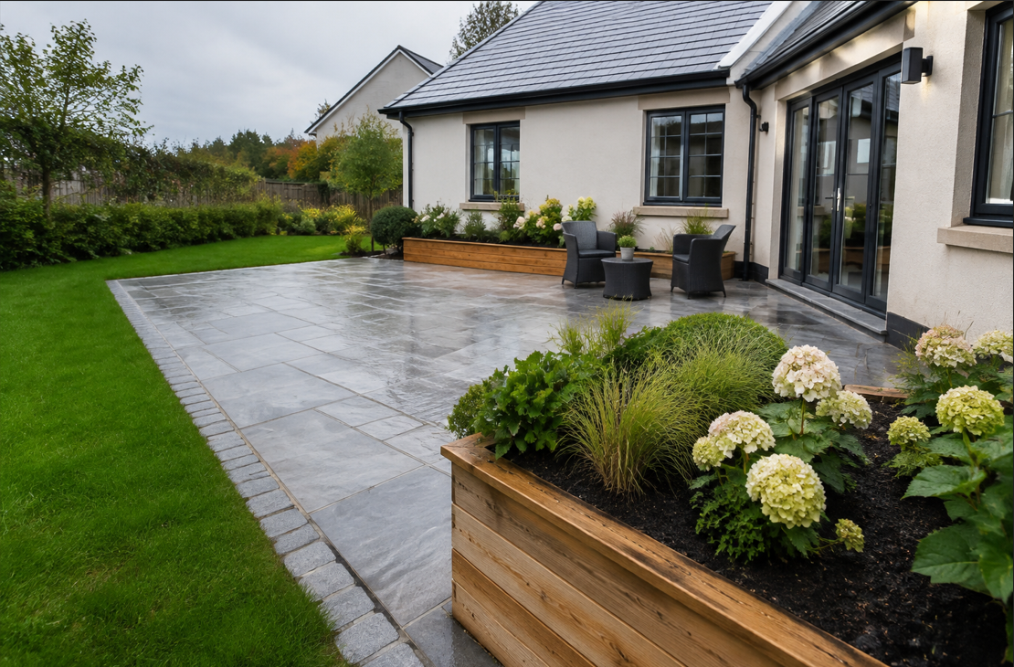 A spacious limestone patio featuring stone edging, raised planters and new planting, designed to provide an attractive and low-maintenance outdoor living area
