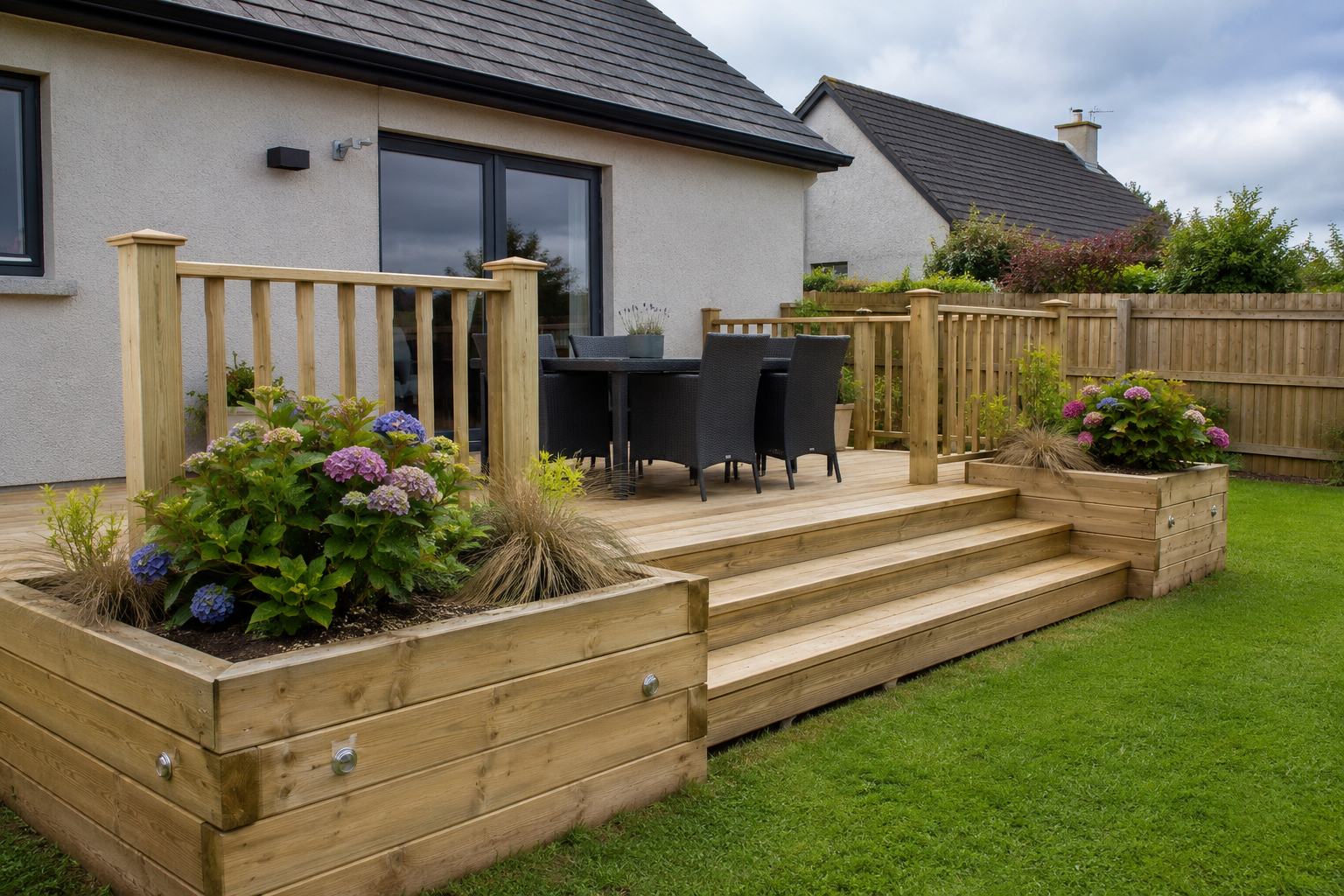 Raised timber decking and garden seating area in Ennistymon, County Clare